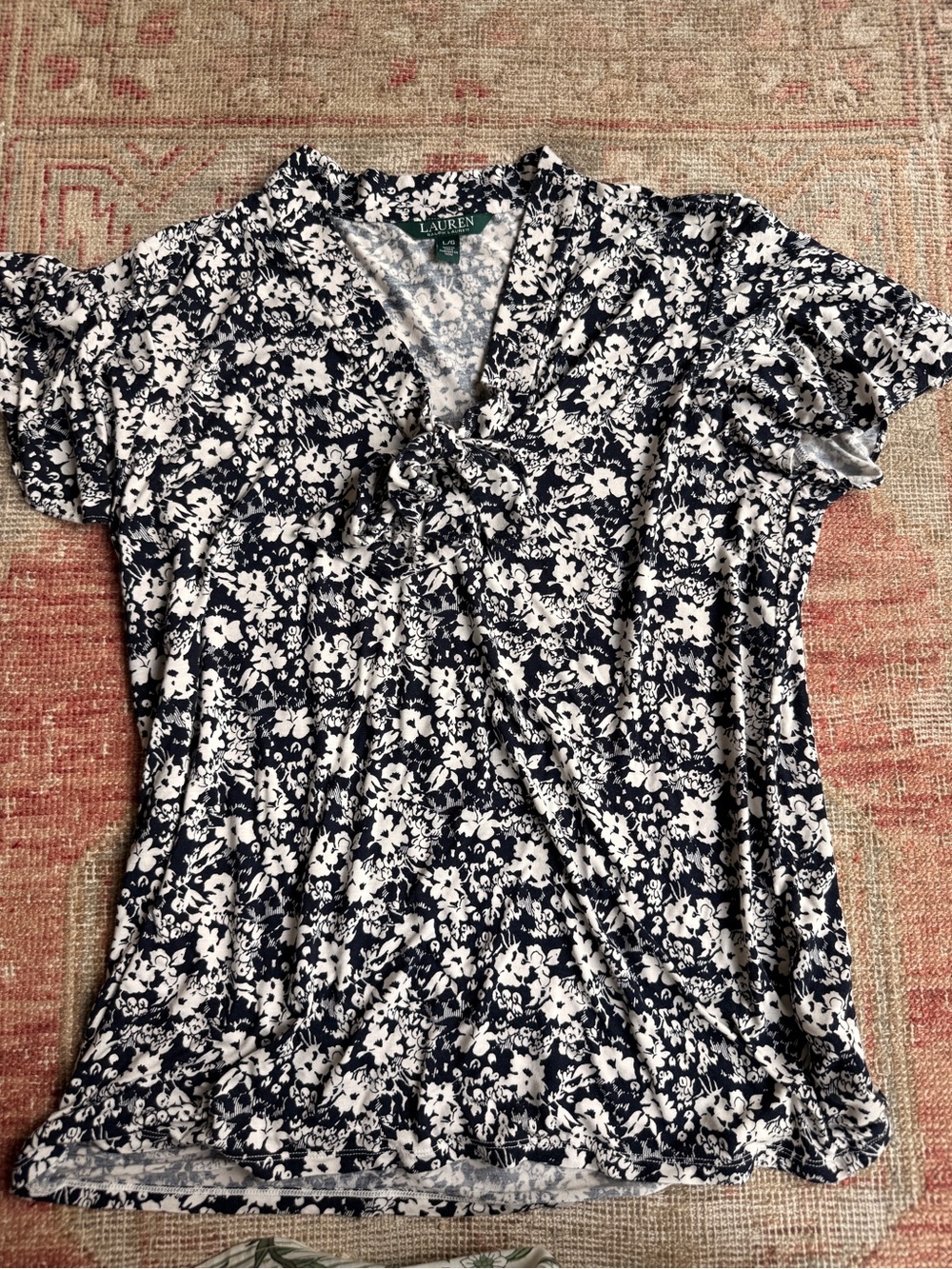 Ralph Lauren Navy and White Floral Tie-Front Short Sleeve Top